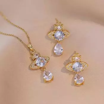 Роскошный геометрический циркон с подвеской в виде планеты, комплект ювелирных изделий для женщин, новинка 2023 года, модные серьги золотого цвета, ожерелье, аксессуары для свадебной вечеринки