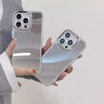 Роскошный глянцевый чехол для телефона с зеркалом для макияжа для iPhone 15 Plus 14 Pro Max 13 Pro 12 11, защита объектива, противоударный, тонкий, прозрачный, мягкий чехол из ТПУ iPhone 15 серебряный