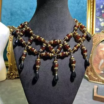 Роскошный и преувеличенный комплект ювелирных изделий, стеклянное ожерелье в стиле средневекового дворца, винтажная цепочка на ключицу в стиле тяжелой промышленности 41cm