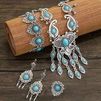 Роскошный индийский стиль с длинными кисточками ретро экзотическая свадьба красный браслет серьги ожерелье кольцо комбинированный комплект синий