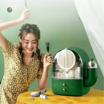 Роскошный кактус со светодиодной лампой и зеркалом, ящик для хранения косметики, большая емкость, кисть для губной помады, настольный комод Without LED light