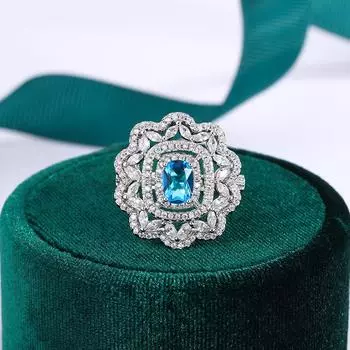Роскошный классический дизайн с синим кристаллом и бриллиантами, вырезанный узор, белое кольцо в форме цветка с бриллиантами, ювелирные изделия для банкета и вечеринки синий