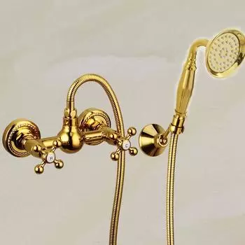 Роскошный классический золотой латунный смеситель для ванной комнаты, смеситель для душа, настенный смеситель с двумя ручками, золотой смеситель для ванны