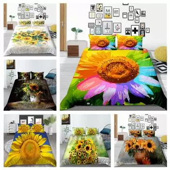 Роскошный комплект домашнего постельного белья с узором подсолнуха. Полноразмерное пододеяльник и наволочка. Моющиеся и удобные постельные принадлежности для спальни с растительным принтом. UK Single 135x200cm