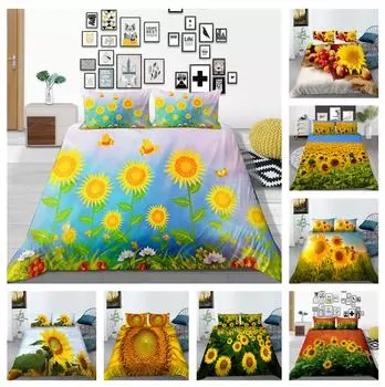 Роскошный комплект домашнего постельного белья с узором подсолнуха. Полноразмерное пододеяльник и наволочка. Моющиеся и удобные постельные принадлежности для спальни с растительным принтом. UK Single 135x200cm