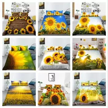Роскошный комплект домашнего постельного белья с узором подсолнуха. Полноразмерное пододеяльник и наволочка. Моющиеся и удобные постельные принадлежности для спальни с растительным принтом. UK Single 135x200cm