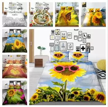 Роскошный комплект домашнего постельного белья с узором подсолнуха. Полноразмерное пододеяльник и наволочка. Моющиеся и удобные постельные принадлежности для спальни с растительным принтом. UK Single 135x200cm