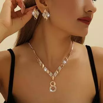 Роскошный комплект из 3 украшений со сверкающими элементами - винтажное и сексуальное ожерелье и серьги, идеально подходит для свадеб, подарков, Дня святого Валентина золотой