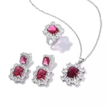 Роскошный комплект из трех украшений с квадратным цирконием, ожерелье, серьги, разомкнутое кольцо, разноцветные украшения. Open Ring розы красного