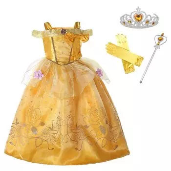 Роскошный комплект принцессы для косплея, желтые перчатки x цветы с сердечком, волшебный цветок, оригинальный, 130 см, ST5233A [ДОСТОВЕРНО], платье, детский костюм, 6 предметов -