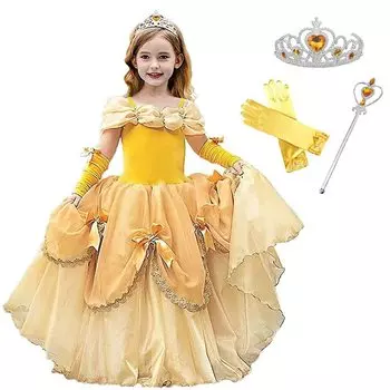 Роскошный комплект принцессы для косплея, желтые перчатки с сердечками, оригинальный комплект 100 см ST5020 [ДОСТОВЕРНО], платье, детский костюм, 6 предметов - (Платье принцессы,