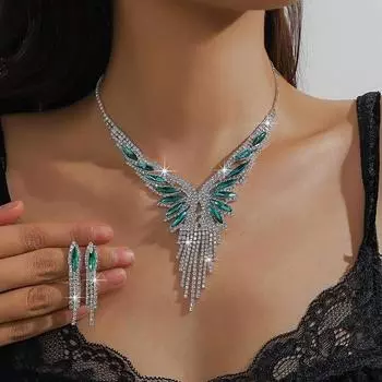 Роскошный комплект украшений с кисточками из хрустальных страз и зеленых драгоценных камней для женщин, комплект из 3 предметов с ожерельем и серьгами, элегантный стиль
