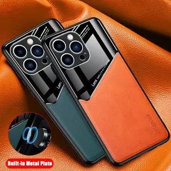 Роскошный кожаный автомобильный магнитный защитный чехол для iPhone 16 Plus 16 Pro Max 15 14 13 12 Mini 11 X XR XS Max 7 8 защитный противоударный защитный чехол For iPhone 16 чёрный