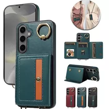 Роскошный кожаный чехол через плечо с металлическим кольцом для Samsung Galaxy S21 S22 S23 S24 Ultra Plus, женский держатель с отделениями для карт, чехол для телефона Samsung A34 A54 A25 Samsung S23 Plus чёрный