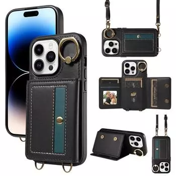 Роскошный кожаный чехол через плечо с металлическим кольцом для Samsung Galaxy A52 A72 A22 A32 A73, женский держатель с отделениями для карт, чехол для телефона Samsung S24 S23 S222 Plus Samsung A54 5G чёрный