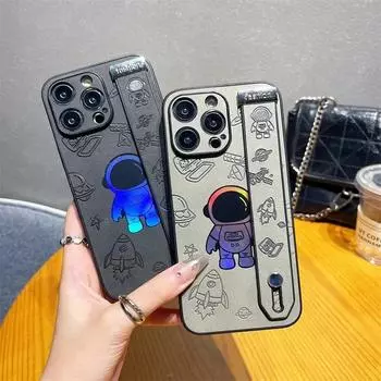 Роскошный кожаный чехол-держатель для ремешка Laser Astronaut для iPhone 15 14 13 12 Pro Max Plus 11 IPhone13 IPhone15 ProMax i15 For iPhone 12 чёрный