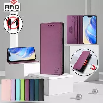 Роскошный кожаный чехол для iPhone 16 15 14 13 12 11 Pro Max RFID-блокировка держателей карт магнитная подставка противоударный откидной чехол iPhone SE4 темно-синий