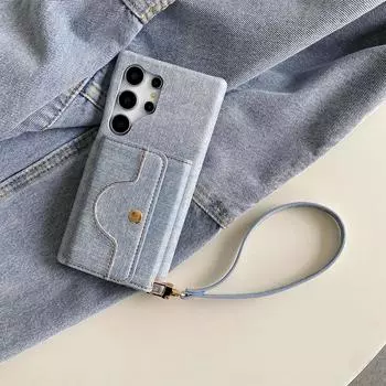 Роскошный кожаный чехол для Samsung Galaxy S24 S23 S22 S21 S20 Plus Note 20 Ultra Denim Pattern Lanyard Mirror Wallet Cover S24 светло-синий