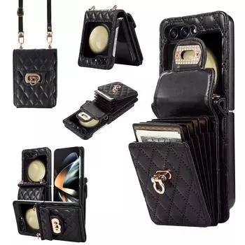 Роскошный кожаный чехол для Samsung Galaxy Z Flip 5 4 3 Flip5 Flip4 Flip3 5G чехол-кошелек через плечо для телефона орган держатель для карт ремешок Galaxy Z Flip5 красный