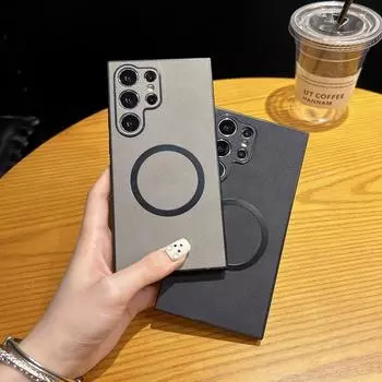 Роскошный кожаный чехол для телефона из овечьей кожи для Samsung S24 S23 Plus S22, ультрамагнитный противоударный тонкий мягкий чехол для Magsafe Samsung S24 чёрный