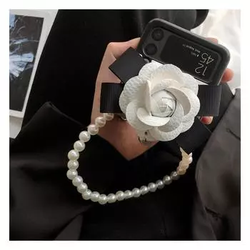Роскошный кожаный чехол для телефона «Камелия» для Samsung Galaxy Z Flip 3 5g, чехол с портативной жемчужной цепочкой на руку для женщин и девочек For Samsung Z Flip 3