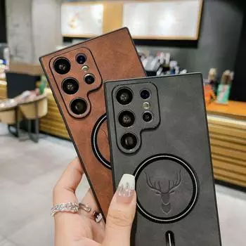 Роскошный кожаный чехол для телефона с магнитной беспроводной зарядкой для Samsung Galaxy S24 S23 S22 S21 Plus Ultra Cover Elk Deer Shell For Galaxy S21 красный