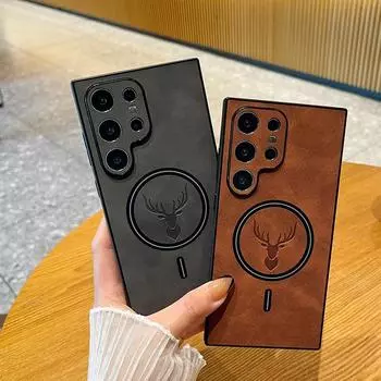 Роскошный кожаный чехол для телефона с магнитной беспроводной зарядкой для Samsung Galaxy S24 S23 S22 S21 Plus, ультра-ударопрочный, с полной защитой For Galaxy S21 Plus темно-коричневого