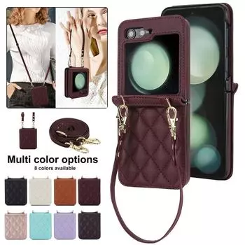 Роскошный кожаный чехол для телефона с веревкой на запястье для Samsung Galzxy Z Flip5 Flip4 Flip3 Flip 5 4 3, длинный ремешок через плечо, чехол Hoesje Coque Samsung Z Flip 3 коричневый