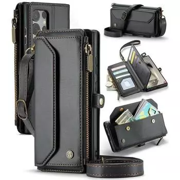 Роскошный кожаный чехол для телефона Samsung S24 FE S23 Ultra S22 S21 Plus S20 FE A16 A55 A35 A54 A52 A34 A32 ремешок через плечо молния кошелек слот для карт крышка Samsung S24 чёрный