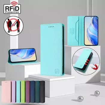 Роскошный кожаный чехол для Xiaomi 15 13 14T 12T 13Ultra CC9E POCO M6 F6 C61 F5 RFID-блокировка слотов для карт Магнитная подставка для притяжения Ударопрочный откидной чехол Xiaomi CIVI3 5G темно-фиолетового