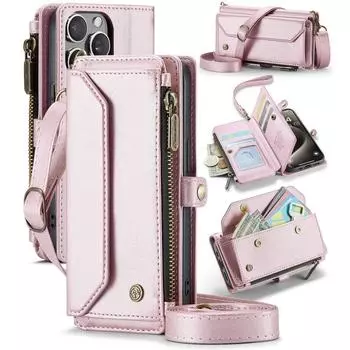 Роскошный кожаный чехол-книжка на молнии с ремешком через плечо для iPhone 16 Pro Max 15 14 Plus 13 12 Pro 11 с отделением для карт, противоударный для чехла для телефона Magsafe iPhone 15 чёрный