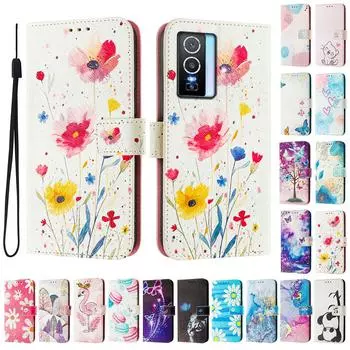 Роскошный кожаный чехол-книжка с цветочным рисунком для Vivo Y20,Y35,Y51A,Y56,V27,Y78,V29,Y27,Y33S,Y19,V29E,Y17S,Y30,S19... vivo Y20 разноцветный