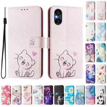 Роскошный кожаный чехол-книжка с милым котом для Sony Xperia 5 IV / 10 IV, Xperia 1 V / 5 V / 10 V, Xperia 1 VI, 5 VI, 10 VI. Sony Xperia 5 IV розовый