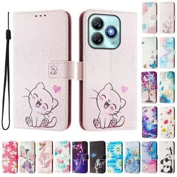 Роскошный кожаный чехол-книжка с милым котом для ZTE Blade A52,A53,A73,V50 Vita,V40S,V60,A35,A55,A75... ZTE Blade A52 розовый