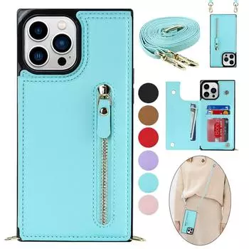 Роскошный кожаный чехол-книжка с ремешком через плечо на магнитной молнии для iPhone 15 14 Plus 13 12 11 Pro Max для Samsung S23 S22 S21 S20 Ultra Plus iPhone 6/6S фиолетовый