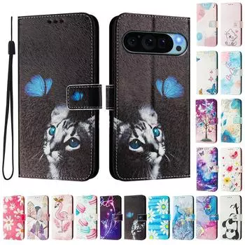 Роскошный кожаный чехол-книжка с рисунком бабочки и кошки для Google Pixel 5,5a 5G /6,6a,6 Pro/ 7,7a,7 Pro/ 8,8a,8 Pro /9,9 Pro,9 Pro XL Google Pixel 4a 5G чёрный