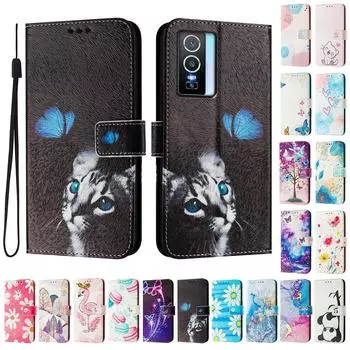 Роскошный кожаный чехол-книжка с рисунком бабочки и кошки для Vivo Y20,Y35,Y51A,Y56,V27,Y78,V29,Y27,Y33S,Y19,V29E,Y17S,Y30,S19... vivo Y20 чёрный