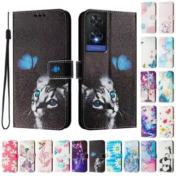 Роскошный кожаный чехол-книжка с рисунком бабочки и кошки для TCL 305,306,403,501,TCL 30,30 Plus,30 XE 5G,201,303,20 R,40R,TCL 40 SE... TCL 305 чёрный