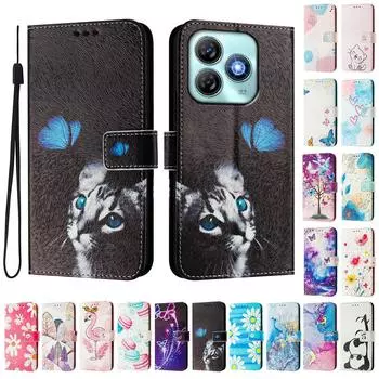 Роскошный кожаный чехол-книжка с рисунком бабочки и кошки для ZTE Blade A52,A53,A73,V50 Vita,V40S,V60,A35,A55,A75... ZTE Blade A52 чёрный