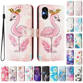 Роскошный кожаный чехол-книжка с рисунком фламинго для Sony Xperia 5 IV / 10 IV, Xperia 1 V / 5 V / 10 V, Xperia 1 VI, 5 VI, 10 VI. Sony Xperia 5 IV розовый