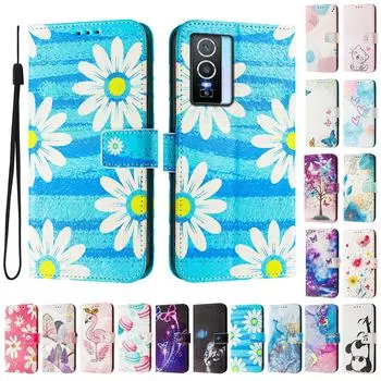 Роскошный кожаный чехол-книжка с росписью Blue Daisy для Vivo Y20,Y35,Y51A,Y56,V27,Y78,V29,Y27,Y33S,Y19,V29E,Y17S,Y30,S19... vivo Y20 синий