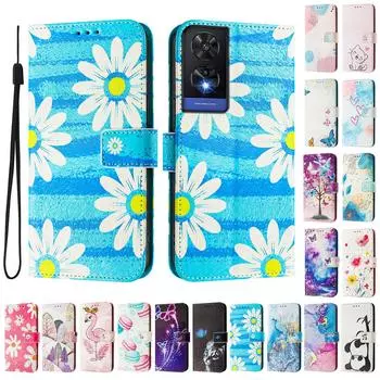 Роскошный кожаный чехол-книжка с росписью Blue Daisy для TCL 305,306,403,501,TCL 30,30 Plus,30 XE 5G,201,20 R,40R,TCL 40 SE... TCL 305 синий