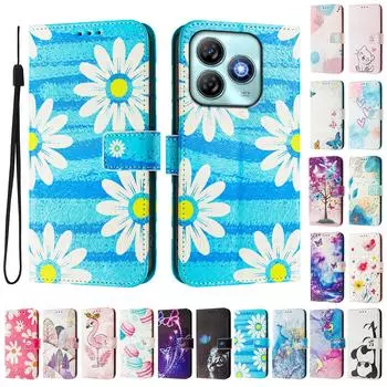 Роскошный кожаный чехол-книжка с росписью Blue Daisy для ZTE Blade A52,A53,A73,V50 Vita,V40S,V60,A35,A55,A75... ZTE Blade A52 синий