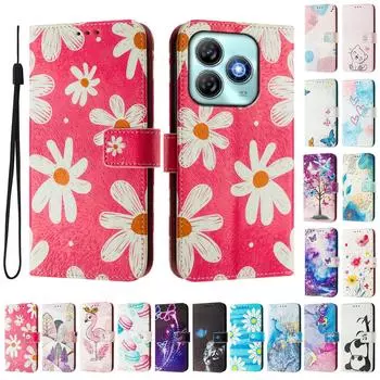 Роскошный кожаный чехол-книжка с розовым рисунком в виде ромашки для ZTE Blade A52,A53,A73,V50 Vita,V40S,V60,A35,A55,A75... ZTE Blade A52 розовый