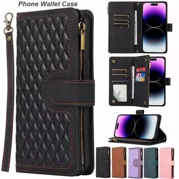 Роскошный кожаный чехол-кошелек на 9 карт с откидной молнией для iPhone 15 14 Plus 13 12 11 Pro Max XS Max 8P 7P для Samsung S23 S22 S21 Ultra Plus A13 A14 A54 A53 iPhone 6/6S розового золота