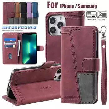 Роскошный кожаный чехол-кошелёк с подставкой для карточек для iPhone 15 14Plus 13 12 11 Pro Max XSMax/Samsung S23 S22 S21 Ultra Plus S21 S20FE A13 A53 A54 iPhone 6/6S чёрный