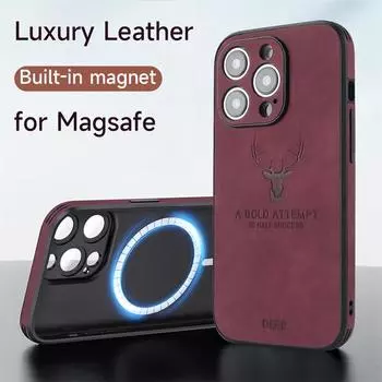 Роскошный кожаный чехол Magsafe с головой оленя для iPhone 16 15 14 13 12 11 Pro Max Plus для мужчин и женщин, противоударный магнитный чехол для беспроводной зарядки For iPhone 14 Pro Max чёрный