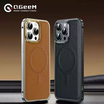 Роскошный кожаный чехол Magsafe с металлической рамкой для iPhone 14 15 Pro Max, алюминиевая рамка из сплава, кожаная задняя панель, противоударный чехол iPhone 14 чёрный