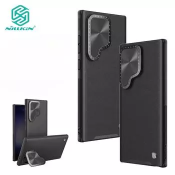Роскошный кожаный чехол Nillkin CamShield для Samsung Galaxy S24 Ultra, чехол из сплава для камеры, откидной кронштейн, противоударная задняя крышка For Galaxy S24 Ultra синий