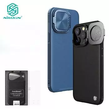 Роскошный кожаный чехол Nillkin CamShield Prop для iPhone 15 Pro Max, чехол для телефона, противоударная задняя крышка с креплением для камеры из сплава For iPhone 15 pro max чёрный